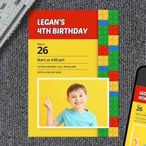 Bewerkbare uitnodiging voor verjaardagsfeestje bouwstenen • 5 x 7" + A6-formaten • Tekst, foto en kleuren bewerken in browser (canva) • Afdrukken of online delen