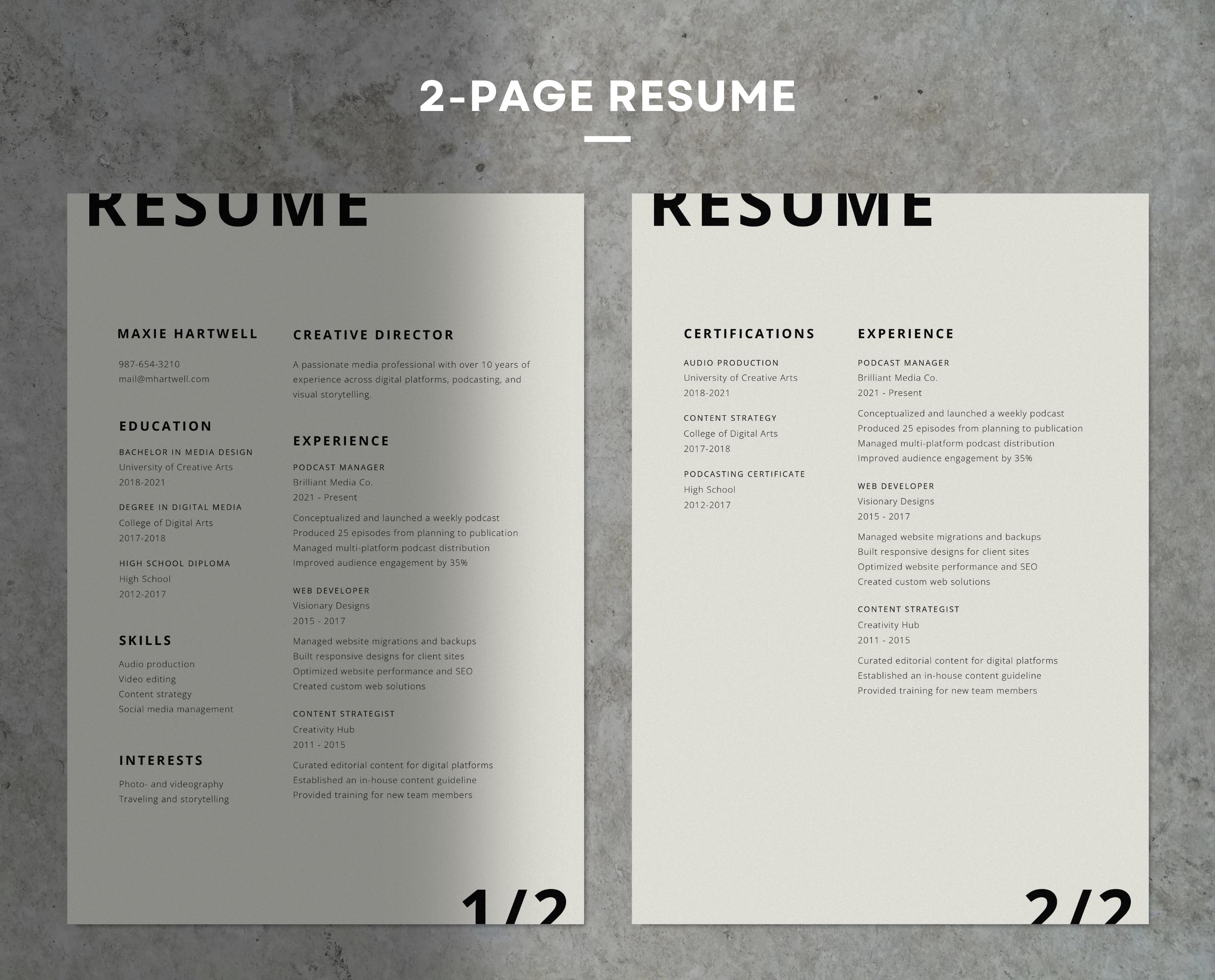 Modern & Minimalist CV Template • 1-page + 2-page Resume + Matching ...