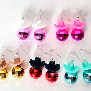 Disco Ball Cowboy Hat Dangle Earrings: Funky Rodeo Jewelry, Bachelorette Party Accessories