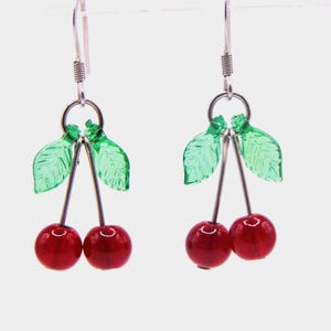 Red Cherry Dangle Earrings: Beaded Fruit, Stainless Steel Hooks