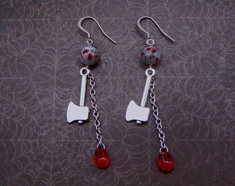 Bloody Splatter Axe Dangle Earrings – Spooky Halloween Earrings Jewelry with Red Bead Drops