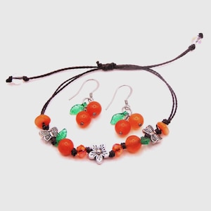 Orange Fruit Charm Bracelet & Earrings Set: Cottagecore Citrus Jewelry