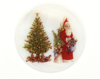 Mother of Pearl, Button or Cabochon- Vintage Santa w/Toys and Tree- #1258