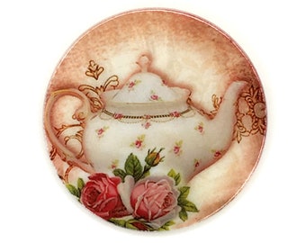 Mother of Pearl-Button or Cabochon, Floral Teapot-PR-1796