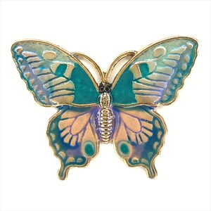 May include: A gold-tone butterfly brooch with iridescent blue and green wings and a pink and purple body.