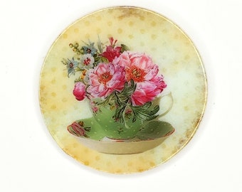 Mother of Pearl-Button or Cabochon, Floral Teacup and Saucer-PR-1805