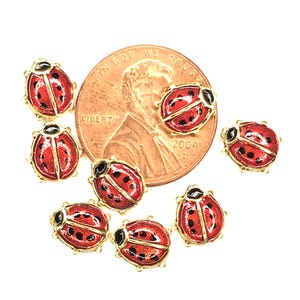 May include: A collection of small, red ladybug charms with black spots and gold-colored trim. A U.S. penny is included for size comparison. The ladybugs are arranged on a white background.