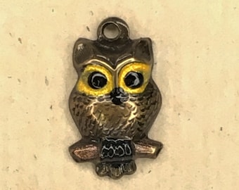 Tiny Owl Charm, Metal, Hand Painted, Embellishment-C 1562
