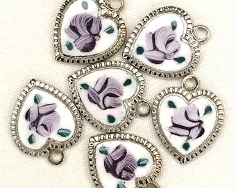 10 pcs. of Glass Enamel Heart Charms with Purple Roses