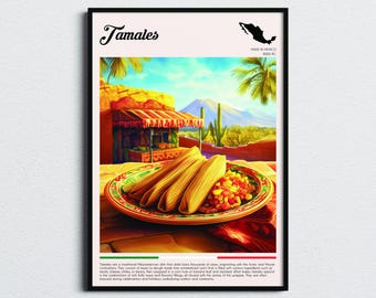 May include: A colorful illustration of a plate of tamales, a traditional Mexican dish, with a red and white plate and a red tablecloth. The tamales are wrapped in corn husks and filled with a savory filling. The background shows a desert landscape with a small building and palm trees. The text "Tamales" is written in a stylized font at the top of the image, and the text "Made in Mexico 8000 BC" is written in a smaller font at the top right.