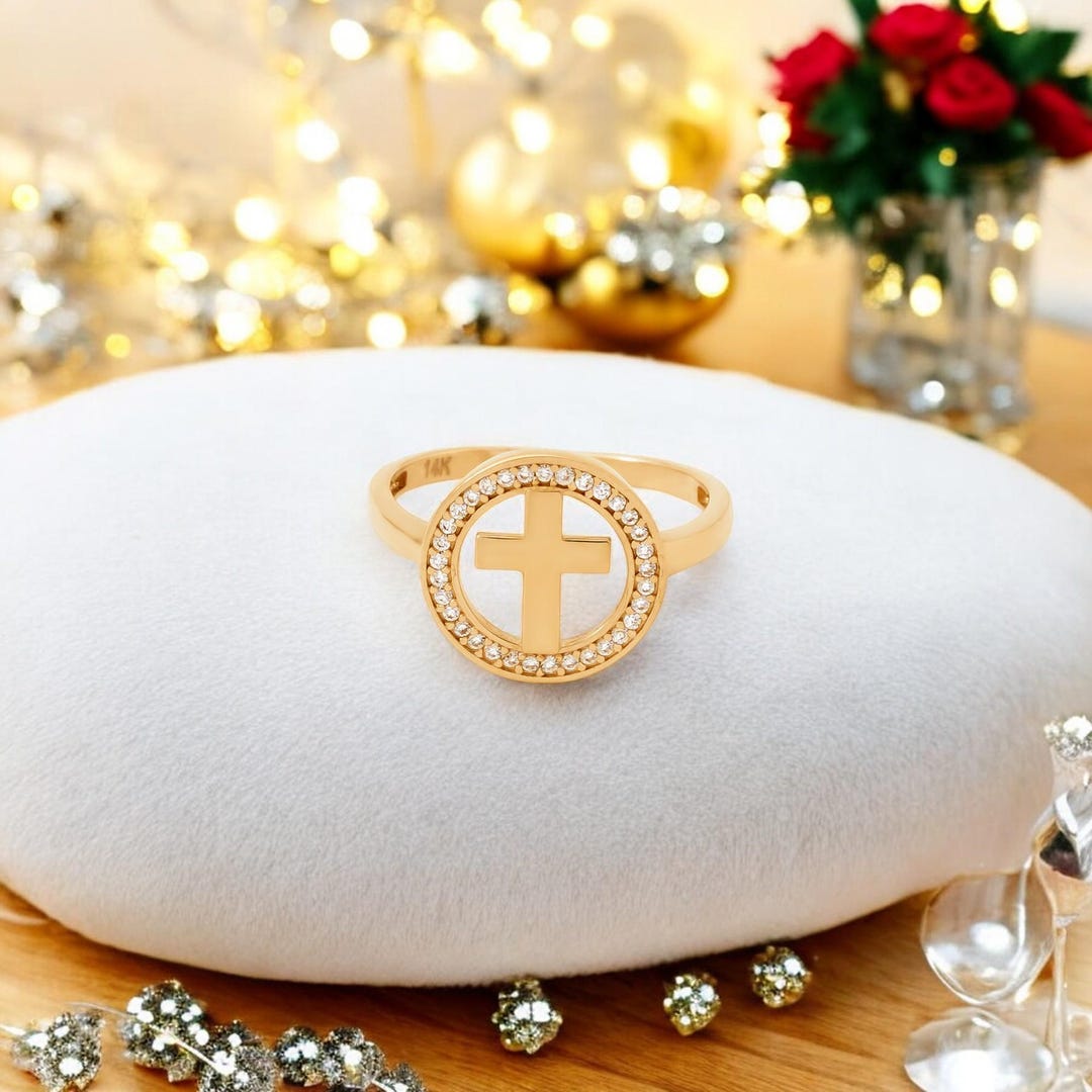 14K Solid Gold Cross Ring for Women, Religious Ring for Christian Gift ...
