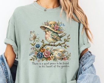 Garden Bird Shirt, Comfort Colors Vintage Cottagecore TShirt, Gardening Animal Lovers Gifts