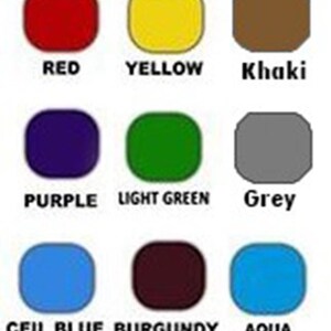 May include: A color chart with 12 different colors, including navy, black, orange, red, yellow, khaki, purple, light green, grey, ceil blue, burgundy, and aqua. The chart also includes white, parrot green, and dark hunter.