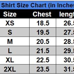 May include: T-shirt size chart in inches, showing chest and length measurements for sizes XS to 2XL.