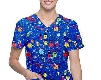 Customized Scrubs Happy Lights Printed Top V Neck 2 Pocket Half Sleeve Top
