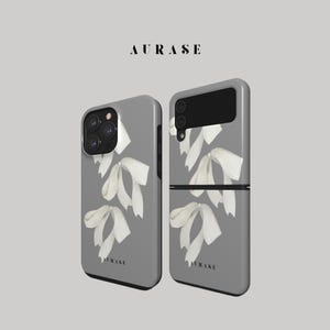 Aesthetic White Bow Ribbon Coquette Phone Case iPhone 16 15 14 Samsung Z Flip 6 5 4 Z Fold 4 Galaxy A 55 54 S 25 24 Gray Gift Idea Birthday