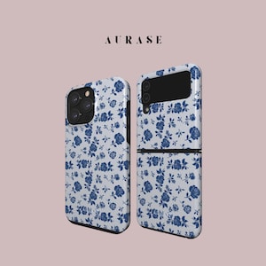 Aesthetic Roses Phone Case iPhone 16 15 14 13 Samsung Z Flip 6 5 4 Z Fold 4 3 Galaxy A 55 54 S 25 24 Blue White Flower Gift Idea Birthday