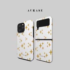 Aesthetic White Gold Sparkle Phone Case iPhone 16 15 14 13 Samsung Z Flip 6 5 4 Z Fold Galaxy A 55 54 S 25 24 Winter Stars Gift Christmas