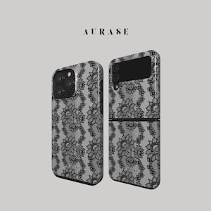 Aesthetic Flower Lace Phone Case iPhone 16 15 14 13 Samsung Z Flip 6 5 4 Z Fold 4 3 Galaxy A 55 54 S 25 24 Black Gray Gift Idea Birthday