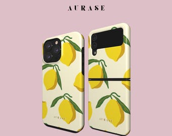 Ästhetische zitronengelbe Handyhülle für iPhone 17, 16, 15, Samsung Z Flip 7, 6, 5, 4, Z, Galaxy A 55, 54, S 25, 24 – Geschenkidee mit grünem Fruchtmotiv zum Geburtstag