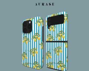 Aesthetic Lemon Blue Phone Case iPhone 17 16 15  Samsung Z Flip 7 6 5 4 Z  Galaxy A 55 54 S 25 24 Mediterranean Summer Sea Coast Fruit