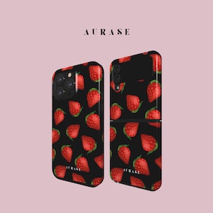 Aesthetic Strawberry Fruit Phone Case iPhone 16 15 Samsung Z Flip 6 5 4 Z Fold 4 3 Galaxy A 55 54 S 25 24 Red Black Gift Idea Birthday