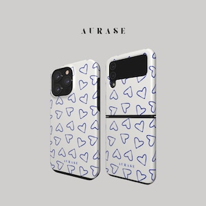 Aesthetic Cute Heart Phone Case iPhone 16 15 14 Samsung Z Flip 6 5 4 Z Fold 4 3 Galaxy A 55 54 S 25 24 Dark Blue White Gift Idea Birthday