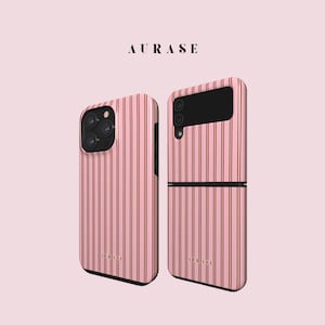 Aesthetic Pink Striped Phone Case iPhone 16 15 14 13 Samsung Z Flip 6 5 4 Z Fold 4 3 Galaxy A 55 54 S 25 24 Cute Brown Gift Idea Birthday