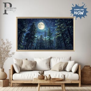 Moon & Stars Digital Wall Art, Vintage Dark Forest Landscape Nature Decor, Night Sky View Canvas Art, Mystical Midnight Sign Farmhouse Print