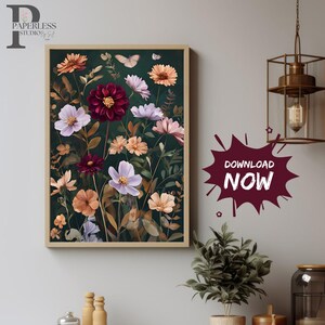 Wildflower Field Digital Wall Art, Vintage Botanical Landscape Sign, Floral Decor, Modern Farmhouse Canvas Art Field Of Flowers Canvas Print