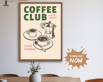 Coffee Club Kitchen Print, Kitchen Poster, Coffee Print, Hand Drawn Kitchen Print, Friend Gift, Coffee Lover, Kitchen Wall Art, Coffee Art