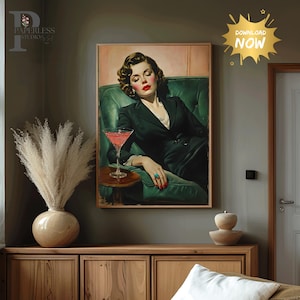 Vrouw op bank met martini | Zacht tonaal olieverfschilderij | Cocktail Art Decor Barwagen | Esthetisch olieverfschilderij cadeau | Trendy keukenmuur