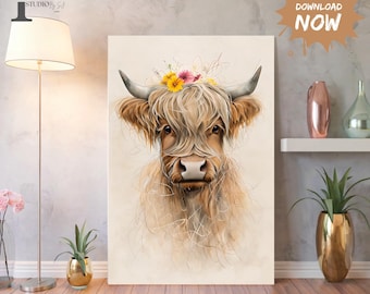 Arte de parede para impressão de vaca das Terras Altas, decoração rústica de fazenda, impressão de parede de vaca escocesa neutra, arte digital de animal para casa, vaca das Terras Altas Escocesas
