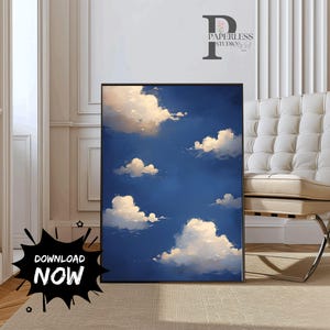 Puede incluir: Una pintura enmarcada de un cielo azul con nubes blancas. La pintura está en un marco negro y está colgada en una pared.