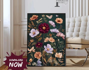 Wildflower Field Digital Wall Art, Vintage Botanical Landscape Sign, Floral Decor, Modern Farmhouse Canvas Art Field Of Flowers Canvas Print