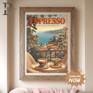 Italienischer Espresso Wand Kunst zum ausdrucken – Italienisches Küsten Kaffee Poster – Mediterranes Café Küchen Dekor – Digitaler Download für Kaffeeliebhaber