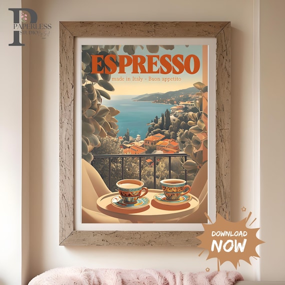 Italian Espresso Wall Art Printable – Coastal Italy Coffee Poster – Mediterranean Café Kitchen Decor – Digital Download for Coffee Lovers