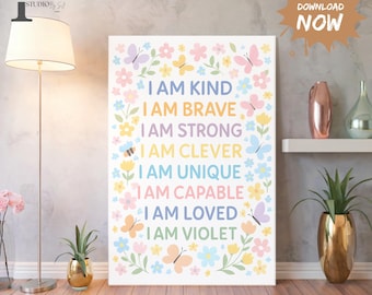 Floral Affirmation Print - Kid's Personalised Bedroom Print, Custom Wall Art, Girl's Playroom Print, Children's Nursery Decor