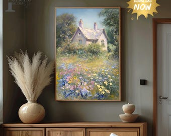 Monet-Stil Französisches Landhaus Wand-Kunstdruck, impressionistische Gartenlandschaft, Landhaus-Dekoration, Pastellblumenmalerei, Vintage Cottagecore