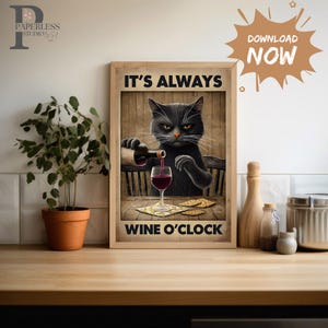 Czarny kot Matisse wydruk artystyczny, plakat z kotem, dekoracja baru, prezent dla kociej mamy, modna sztuka ścienna, sztuka ścienna baru, plakat z kotem winnym, prezent dla miłośnika kotów