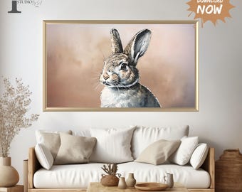 Impresión de conejo de Pascua vintage, pintura de conejo de primavera apagada, arte de pared imprimible, decoración cottagecore de animales, descarga digital