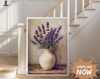 Pintura rústica de buquê de lavanda - impressão de arte de parede de casa de fazenda, decoração floral cottagecore, arte de flores roxas em estilo vintage, arte de lavanda francesa