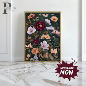 Wildflower Field Digital Wall Art, Vintage Botanical Landscape Sign, Floral Decor, Modern Farmhouse Canvas Art Field Of Flowers Canvas Print