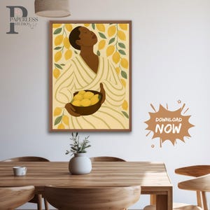 Zitrone Wand Kunst Frau hält Obst Digital Printable mediterrane Küche Dekor bold feminine Citrus Poster feminine Küchenkunst