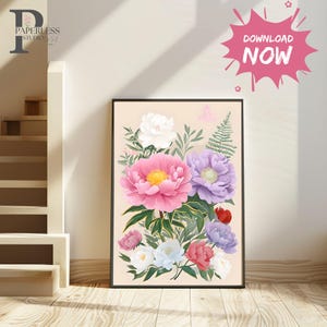 Sommer Pfingstrose, bunte, schrullige handgezeichnete Kunst, Pfingstrosen, bunte Kunst, helle bunte Kunst Druck, moderne Kunst Druck, Galerie Wand Badezimmer Kunst