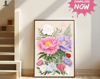 Summer Peony, Colourful Quirky Handrawn Art, Peonies, Colourful Art, Bright Colourful Art Print, Modern Art Print, Gallery Wall Bathroom art