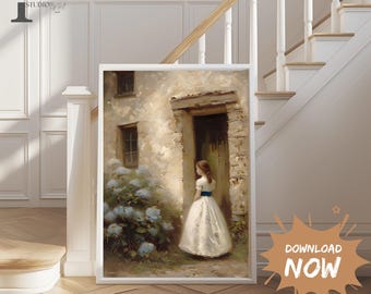 Cuadro de hortensias azules, lámina floral vintage, decoración rústica francesa, descarga digital, arte mural imprimible cottagecore, decoración rústica
