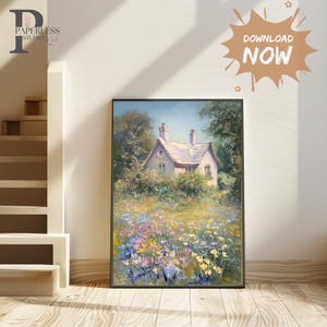 Monet Style French Cottage Oil Painting Print, French Country Decor, Impressionist English Cottage Wall Art, Pastel Painting Countryside Art