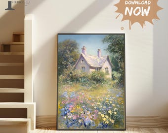 Monet Stil Französisches Cottage Ölgemälde Druck, französisches Landdekor, impressionistische englische Cottage Wandkunst, Pastellmalerei Landschaftskunst