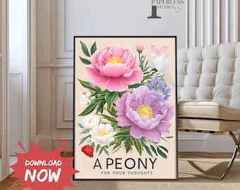 Summer Peony, Colourful Quirky Handrawn Art, Peonies, Colourful Art, Bright Colourful Art Print, Modern Art Print, Gallery Wall Bathroom art